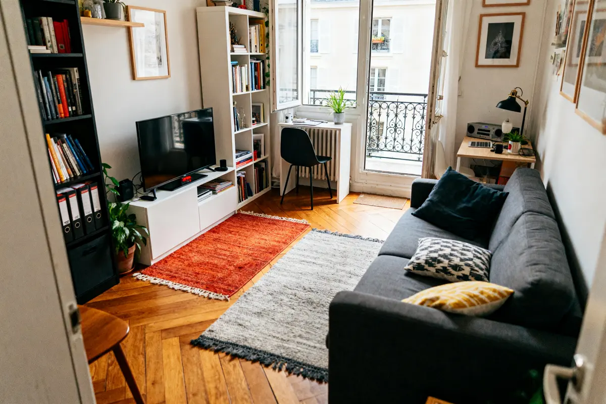 Petit salon de 10m2 aménagé avec canapé, bureau, tapis et bibliothèque élégante