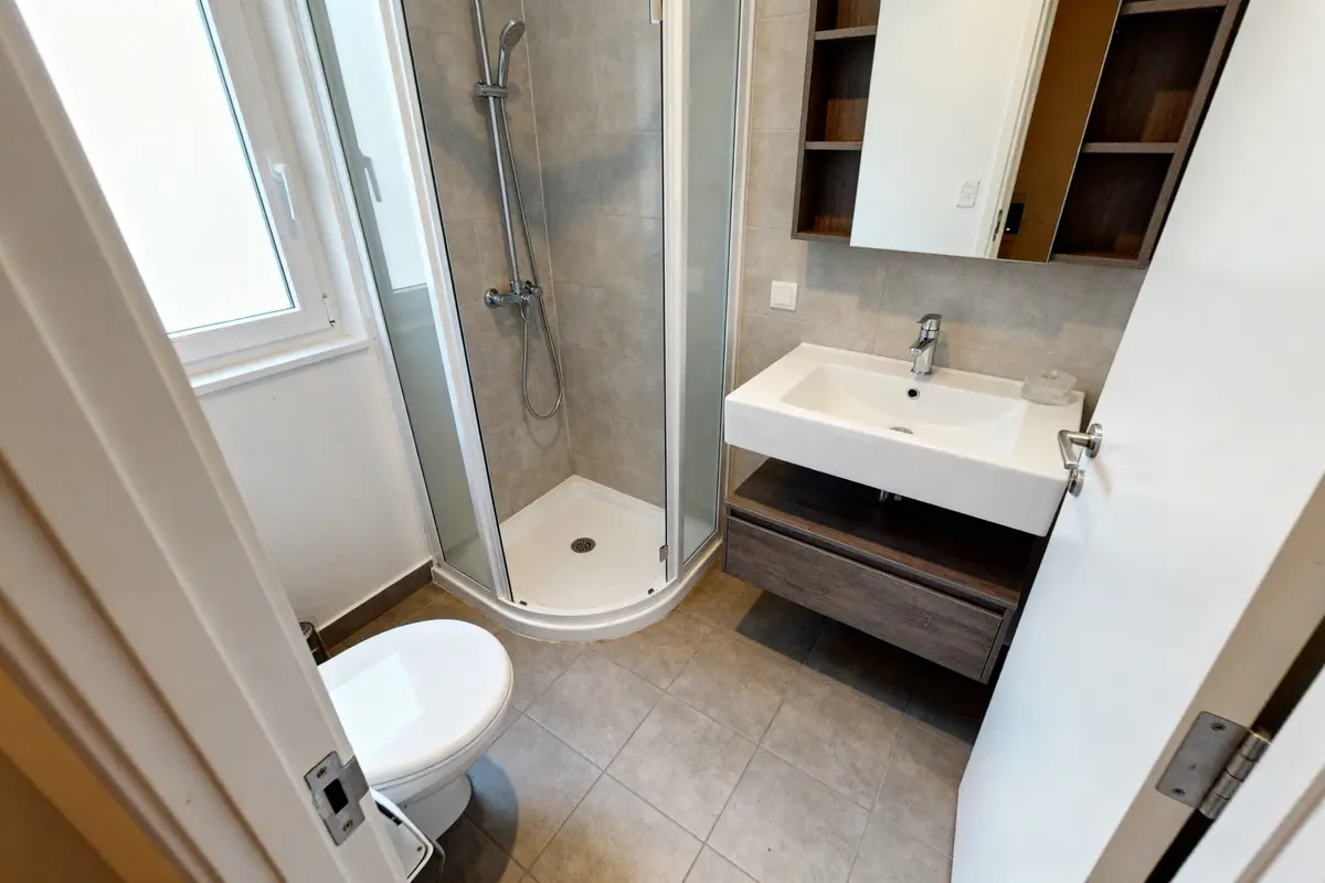 Petite salle de bain de 4m2 avec douche, lavabo et WC modernes.