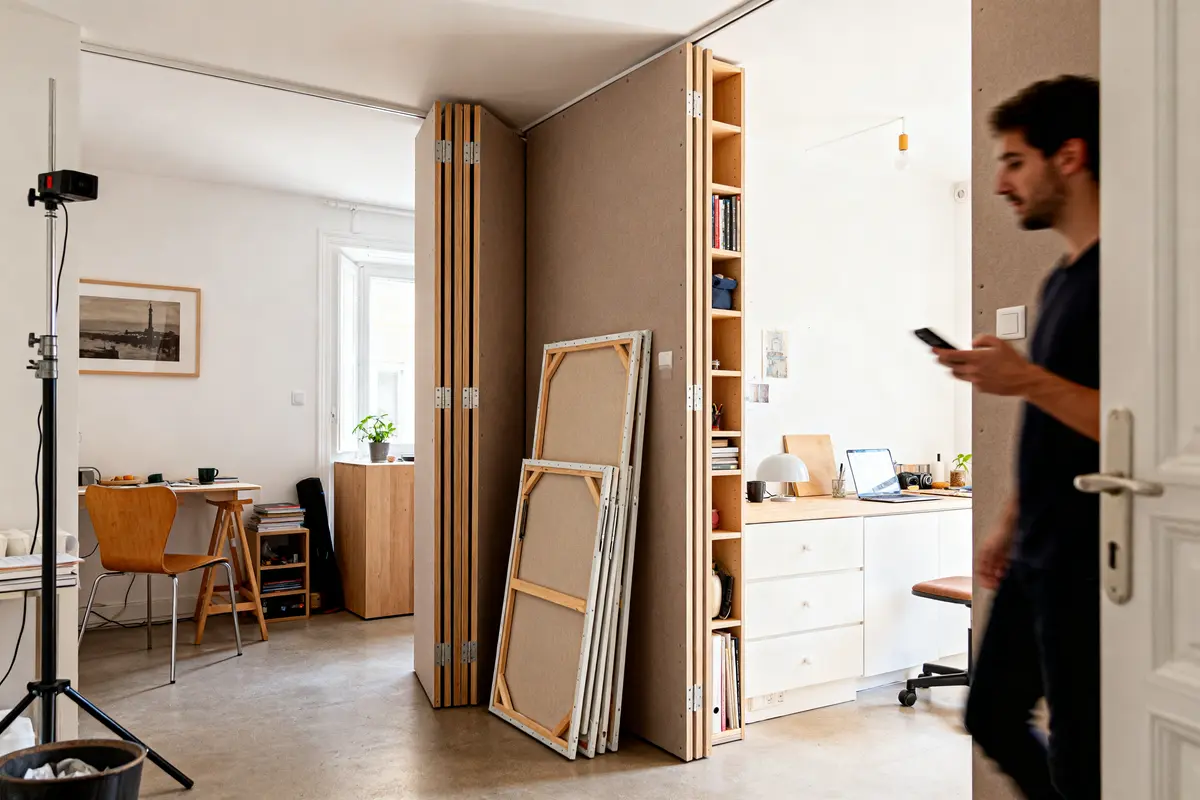Espace de travail organisé pour aménager un studio de 20m2 avec rangements modulaires intégrés