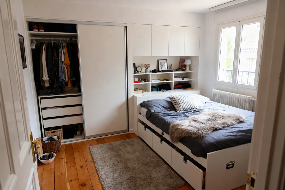Chambre de 10 m2 optimisée avec lit rangement et espace bureau lumineux