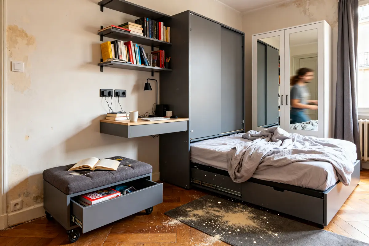 Lit escamotable et bureau pour aménager efficacement une chambre de 9m2