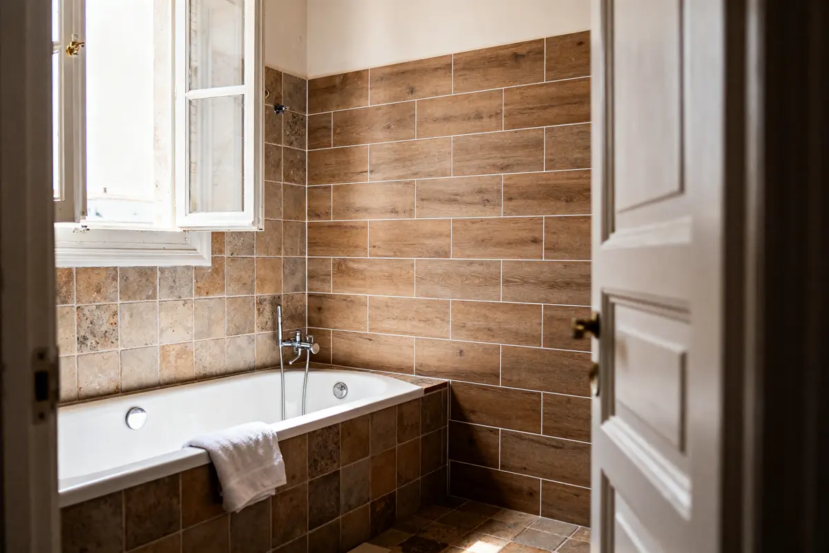 Salle de bains moderne avec carrelage tendance en bois clair et grande baignoire blanche