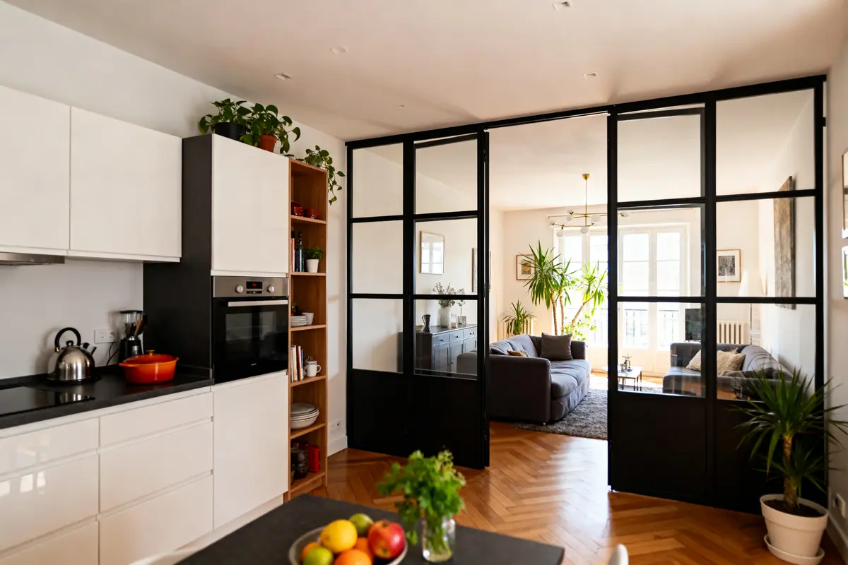 Cuisine moderne avec verrière, exemple de comment fermer une cuisine ouverte sur le salon