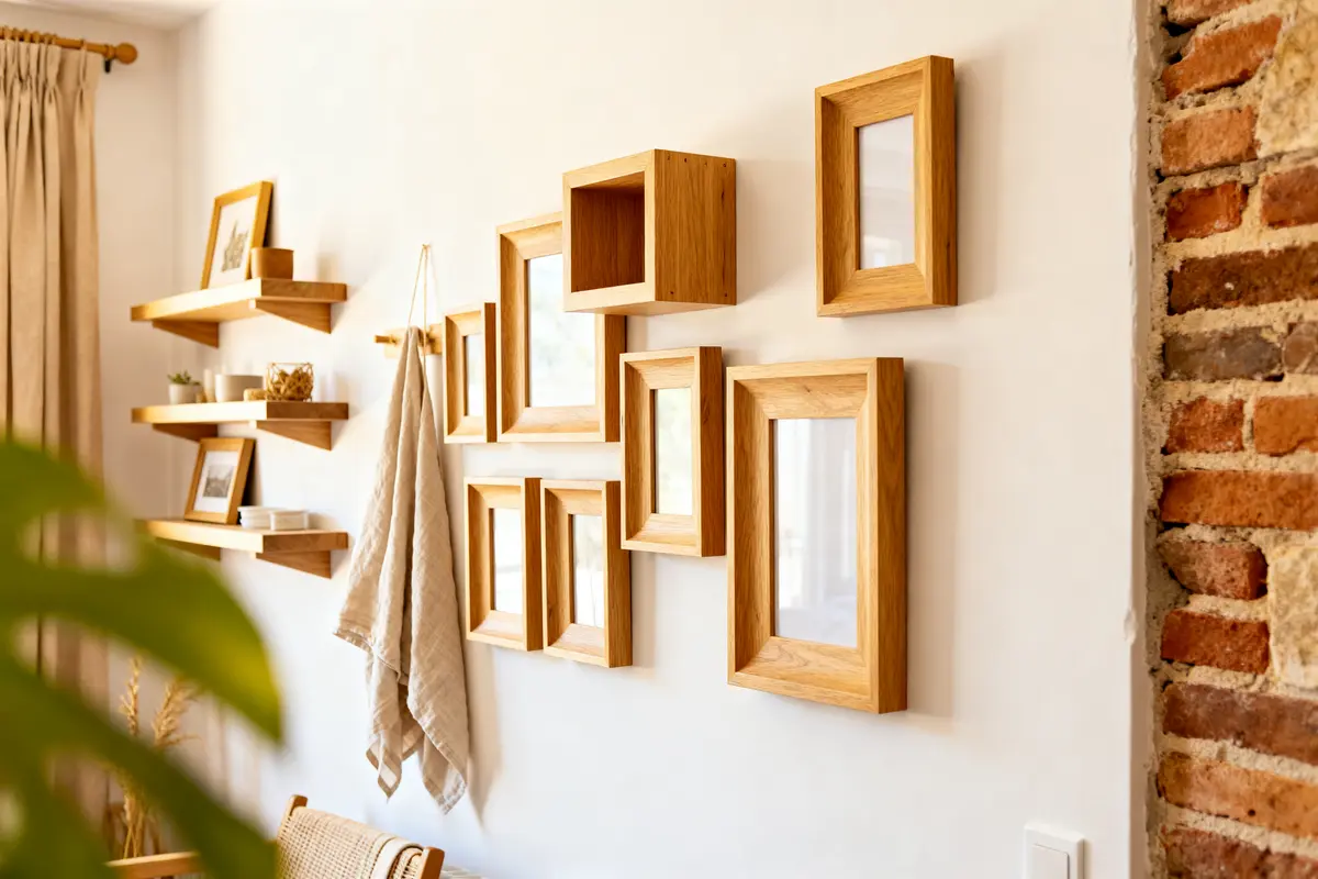 Décoration murale avec cadres et étagères en bois pour habiller un mur blanc élégamment