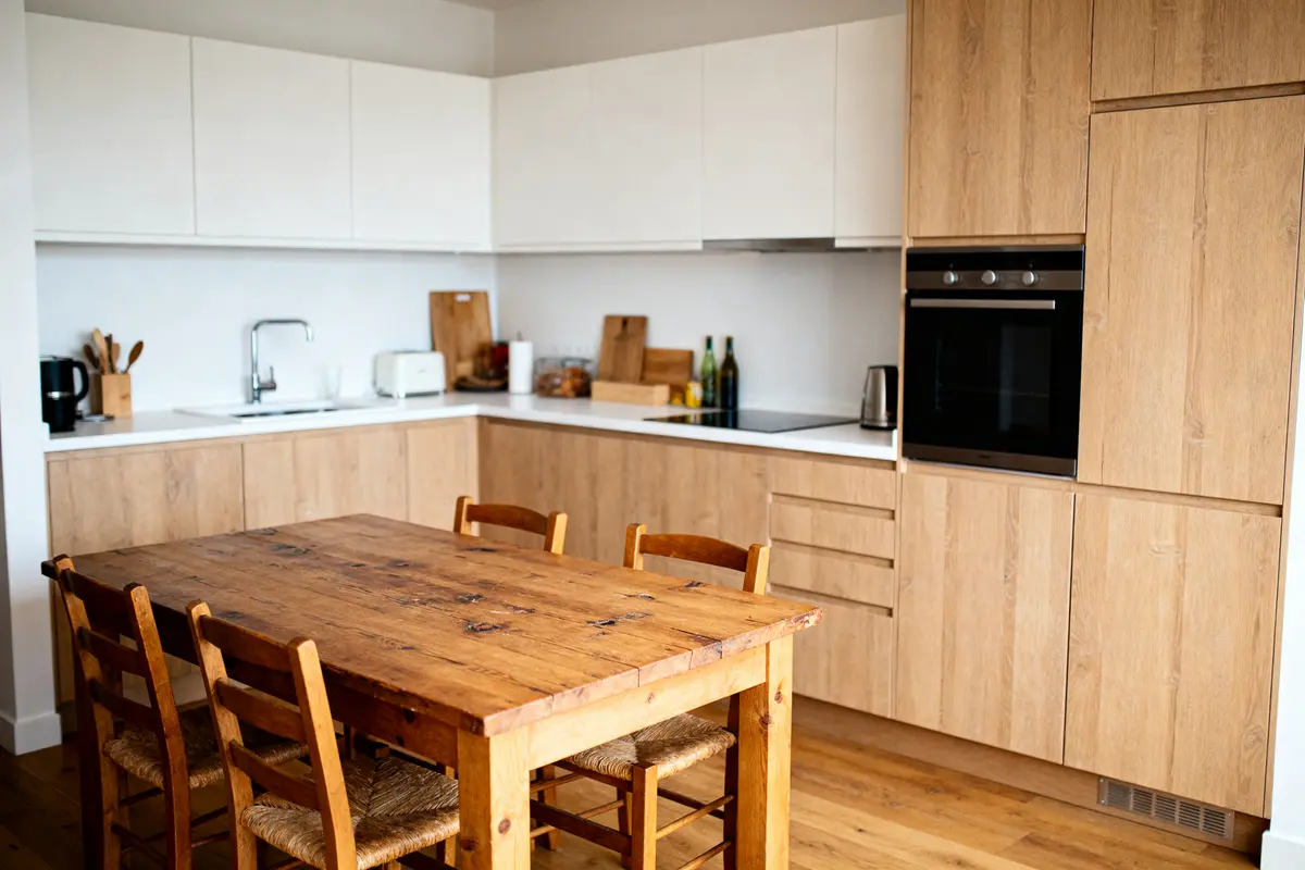 Cuisine moderne avec table en bois, intégrant éléments blancs boisés pour cuisines chaleureuses.