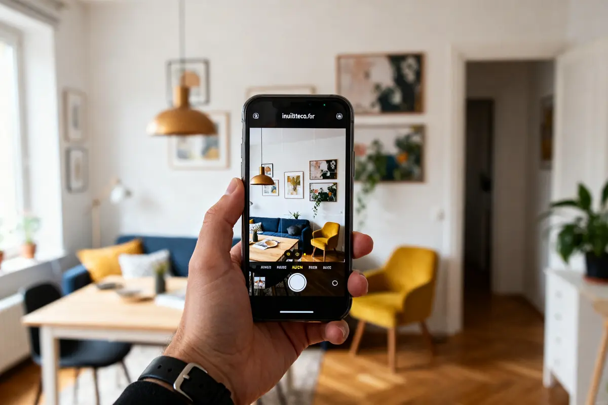 Salon moderne capturé via téléphone pour décoration par un décorateur en ligne sur intuideco.fr