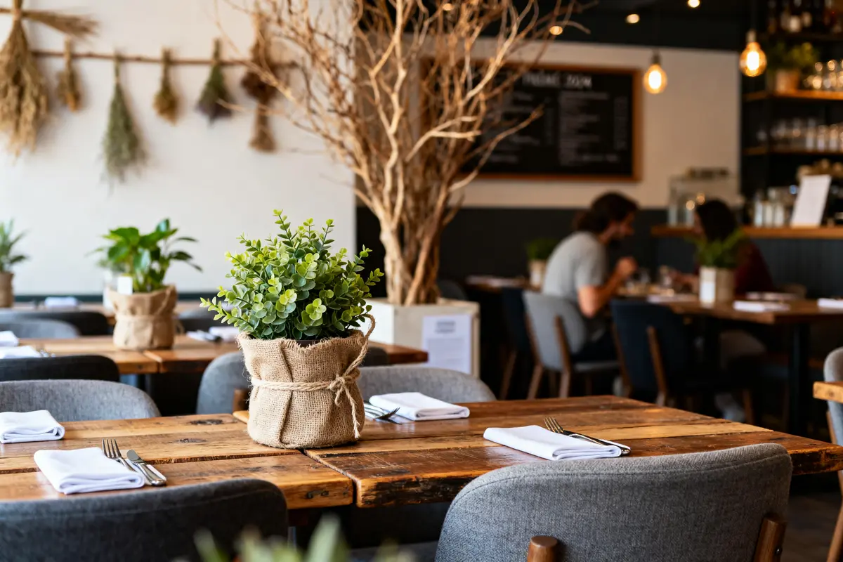 Plantes et tables en bois pour décoration de restaurant chaleureuse et naturelle