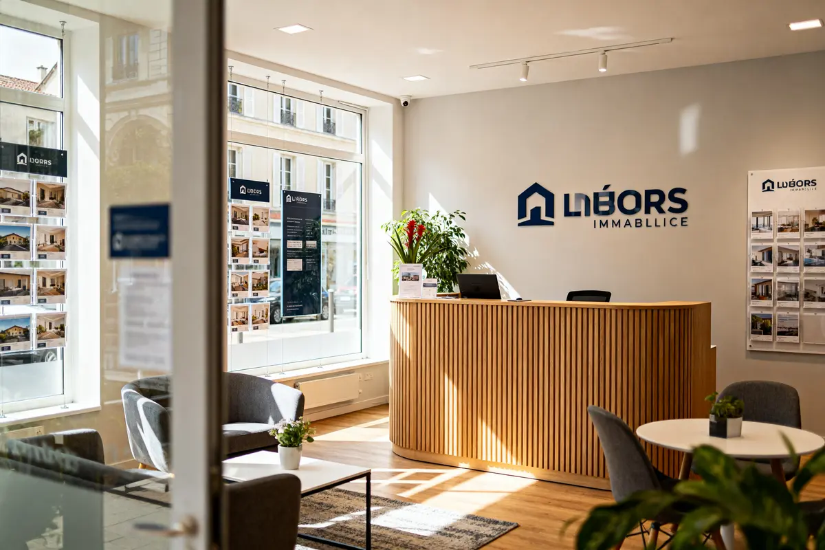 Intérieur moderne d'une agence immobilière avec décoration soignée et espace d'accueil lumineux