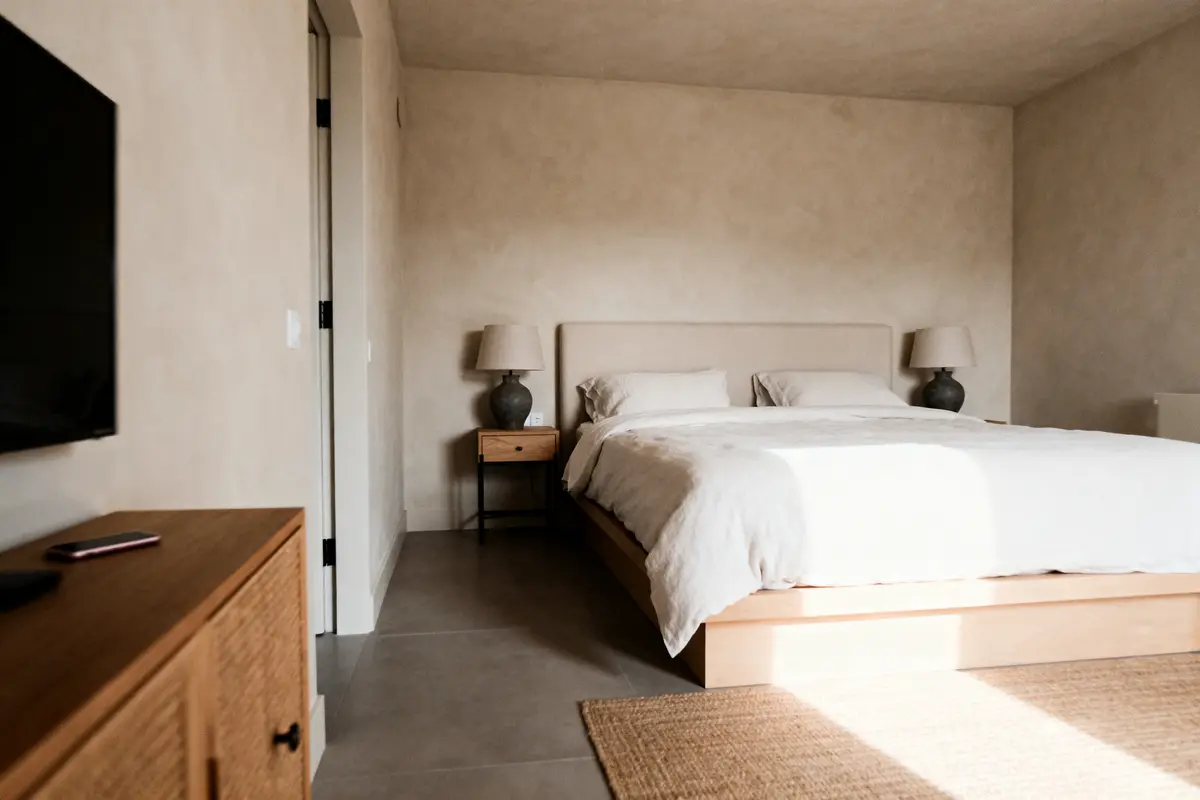 Chambre moderne aménagée avec lit double et luminaires pour home staging optimal