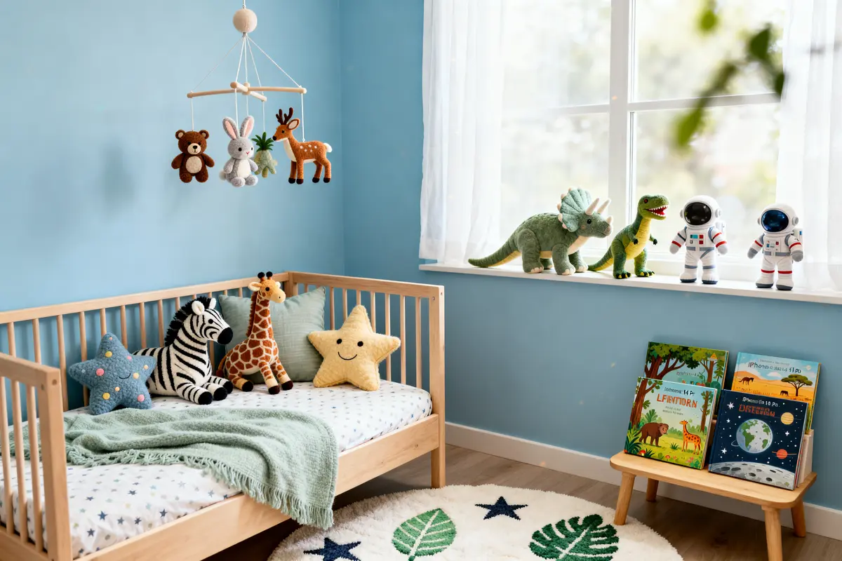 Chambre bébé garçon avec peluches et livres pour des idées déco inspirantes