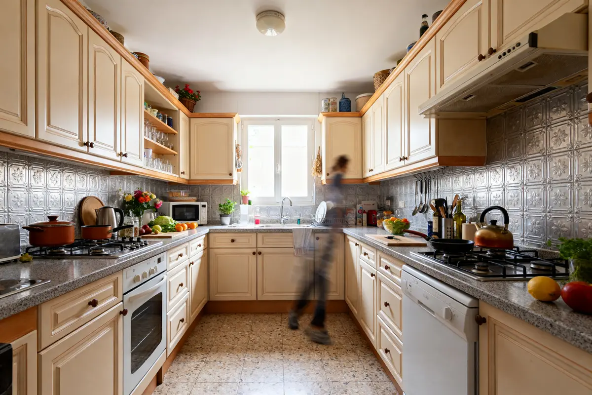 Cuisine en L aménagée avec meubles en bois, appareils modernes, et belle lumière naturelle