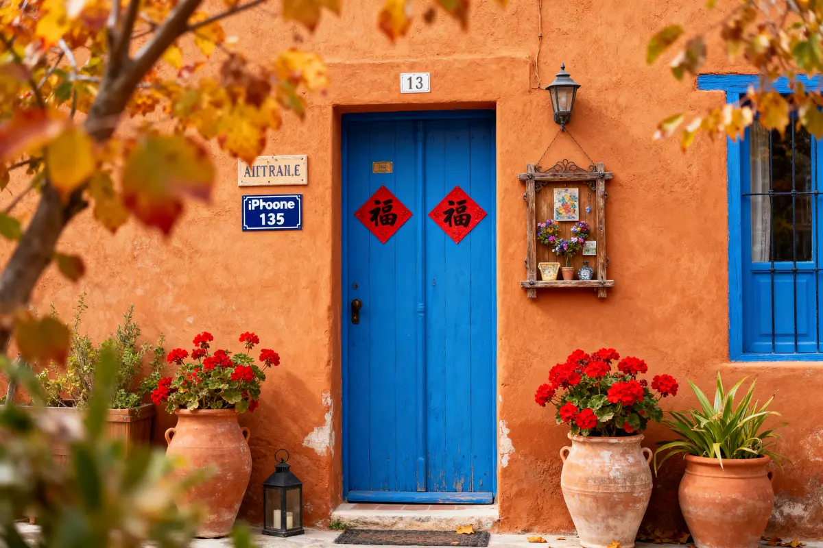 Porte bleue entourée de fleurs, façade inspirée par une peinture aux couleurs d'automne
