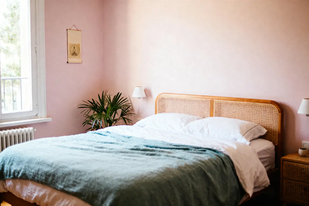 Chambre apaisante avec mur rose pastel pour une couleur Feng Shui harmonieuse