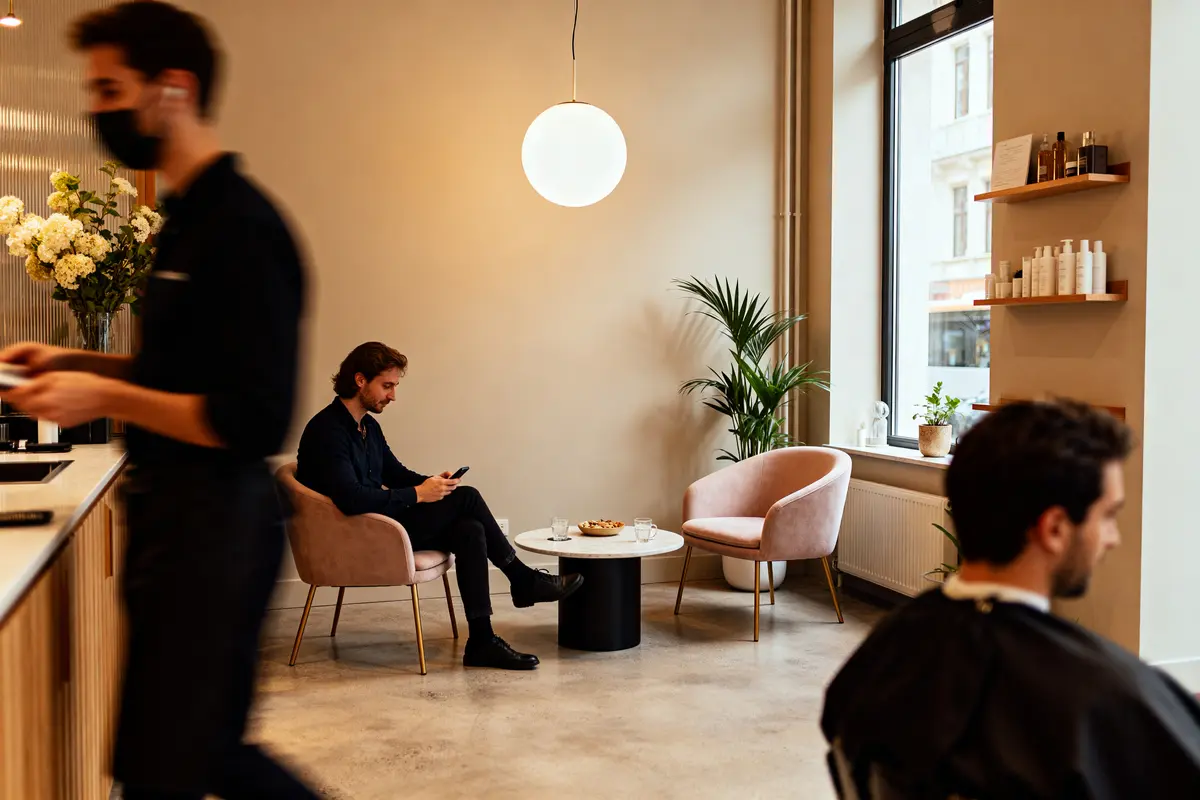 Salon moderne et chaleureux avec fauteuils roses, table basse, plantes, et lumière tamisée