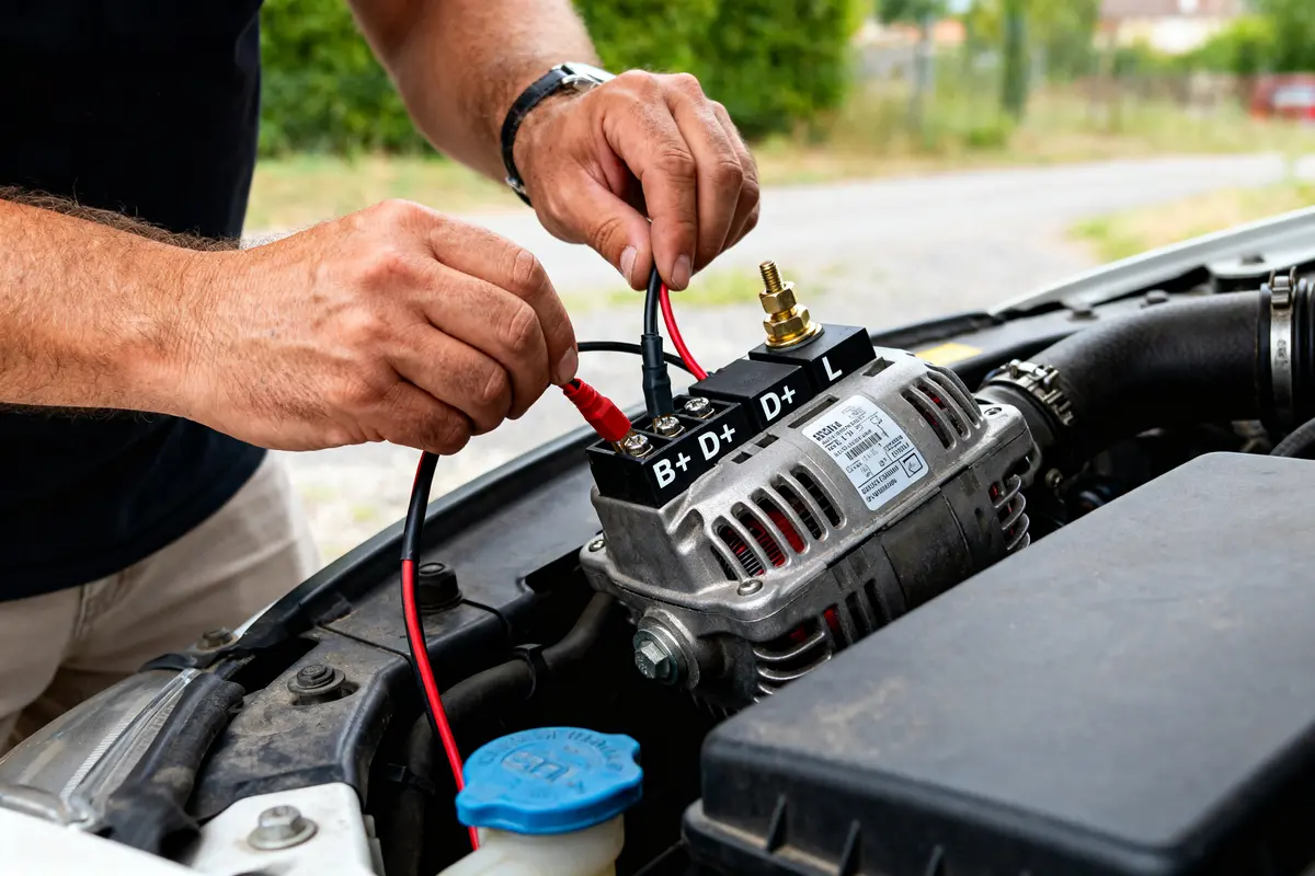 Câbles connectés pour brancher un alternateur de voiture sous le capot moteur véhicule.