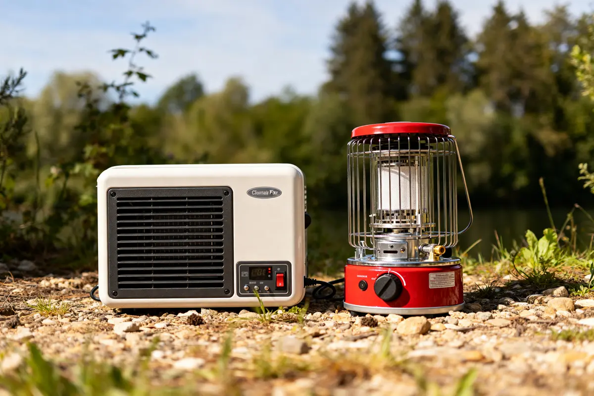 Chauffage à gaz pour camping car posé sur sol extérieur en plein air