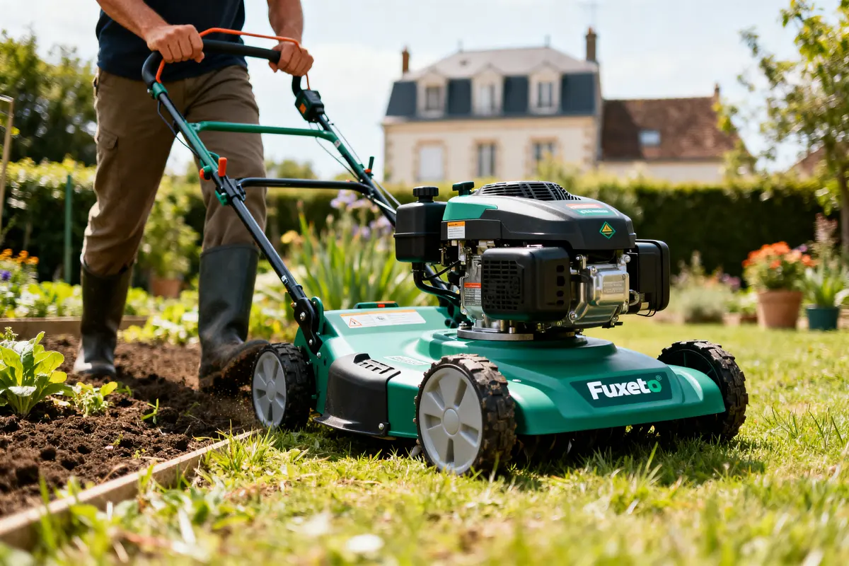 Personne utilisant une tondeuse Fuxtec dans un jardin verdoyant pour recueillir des avis Fuxtec
