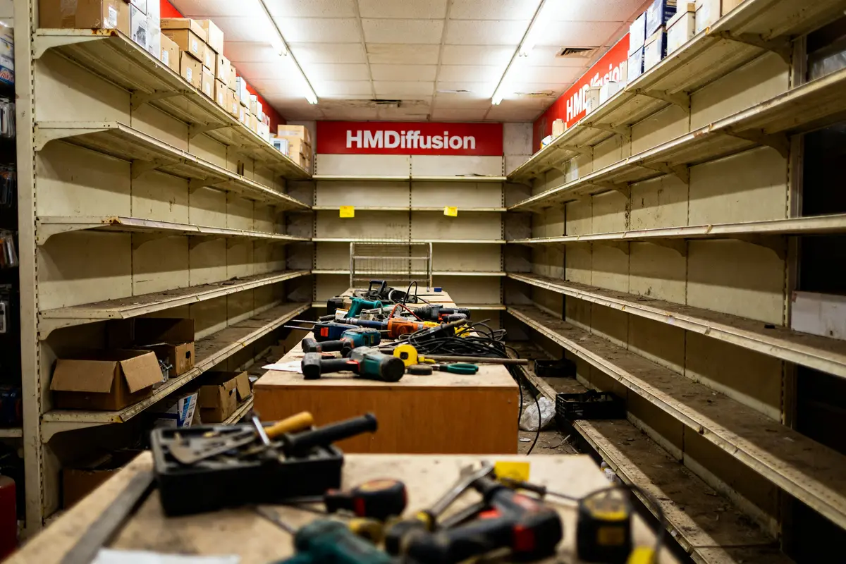 Rayons vides et outils dans un magasin HMDiffusion en désordre.