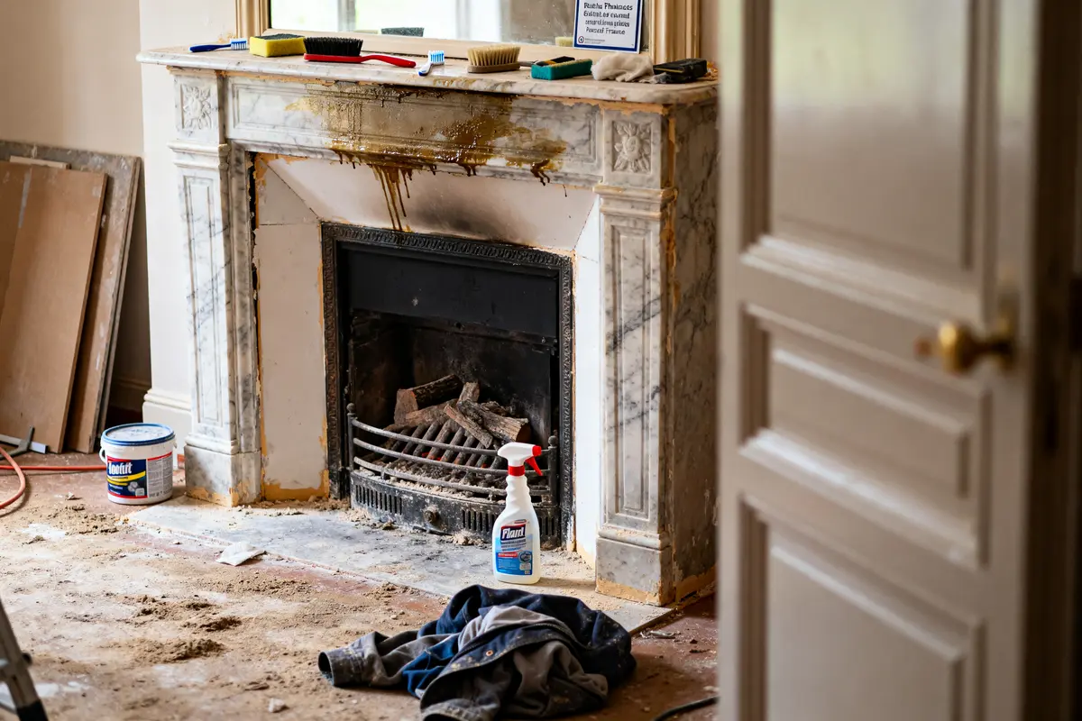 Rénovation avec peinture pour cheminée en marbre et produits de nettoyage à côté