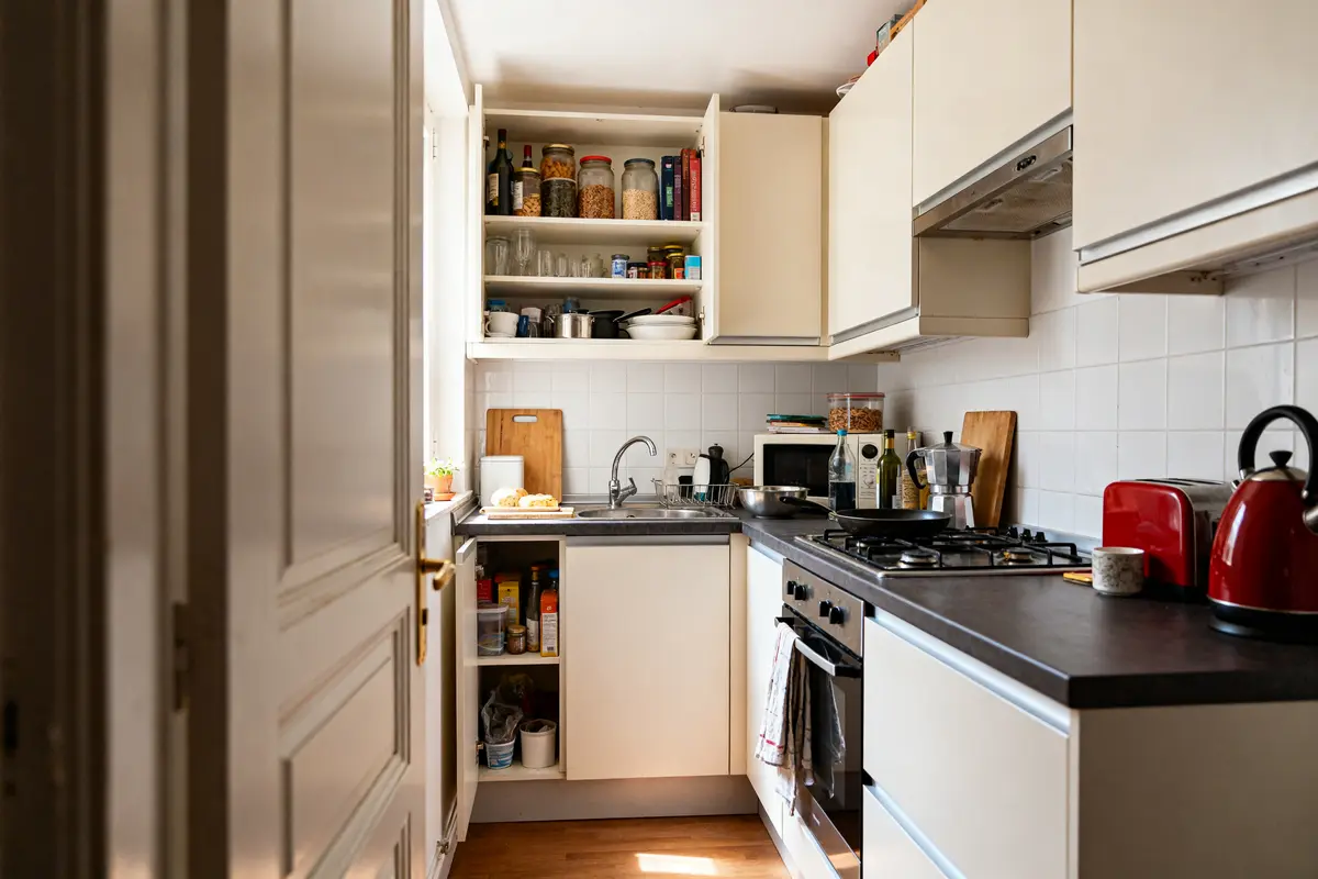 Petite cuisine de 6m2 aménagée avec rangements optimisés, ustensiles et électroménagers intégrés