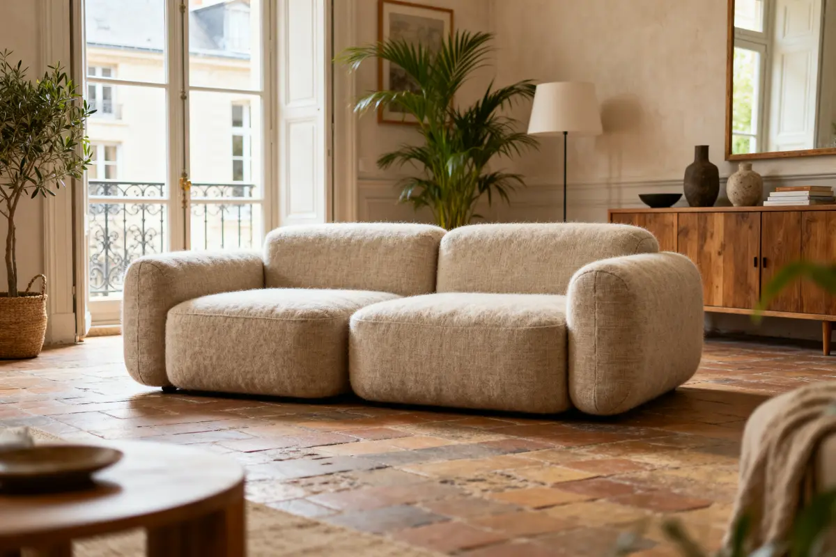 Canapé moderne tendance 2025 beige dans un salon lumineux avec plantes et mobilier en bois