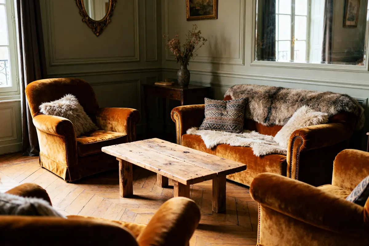 Fauteuils et canapé en velours dans un coin salon cocooning avec table en bois