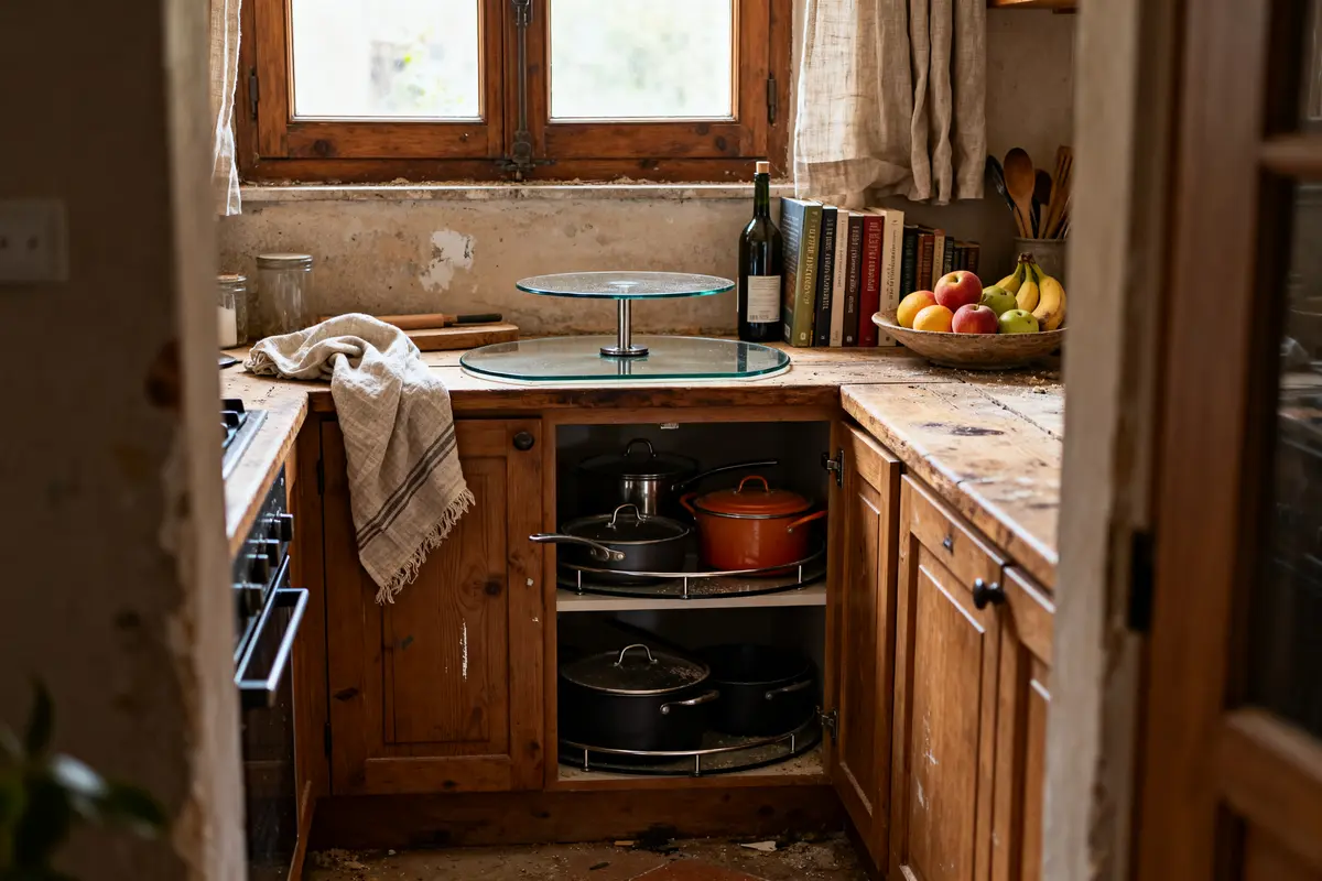 Cuisine rustique avec solution d'angle optimisée pour rangement de casseroles et plats.