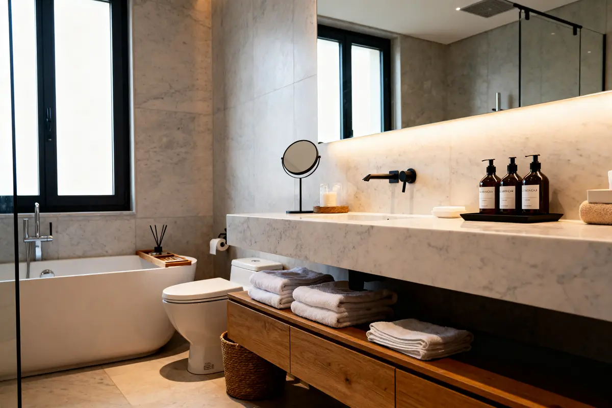 Salle de bain élégante avec baignoire et toilettes chics et modernes, design minimaliste épuré