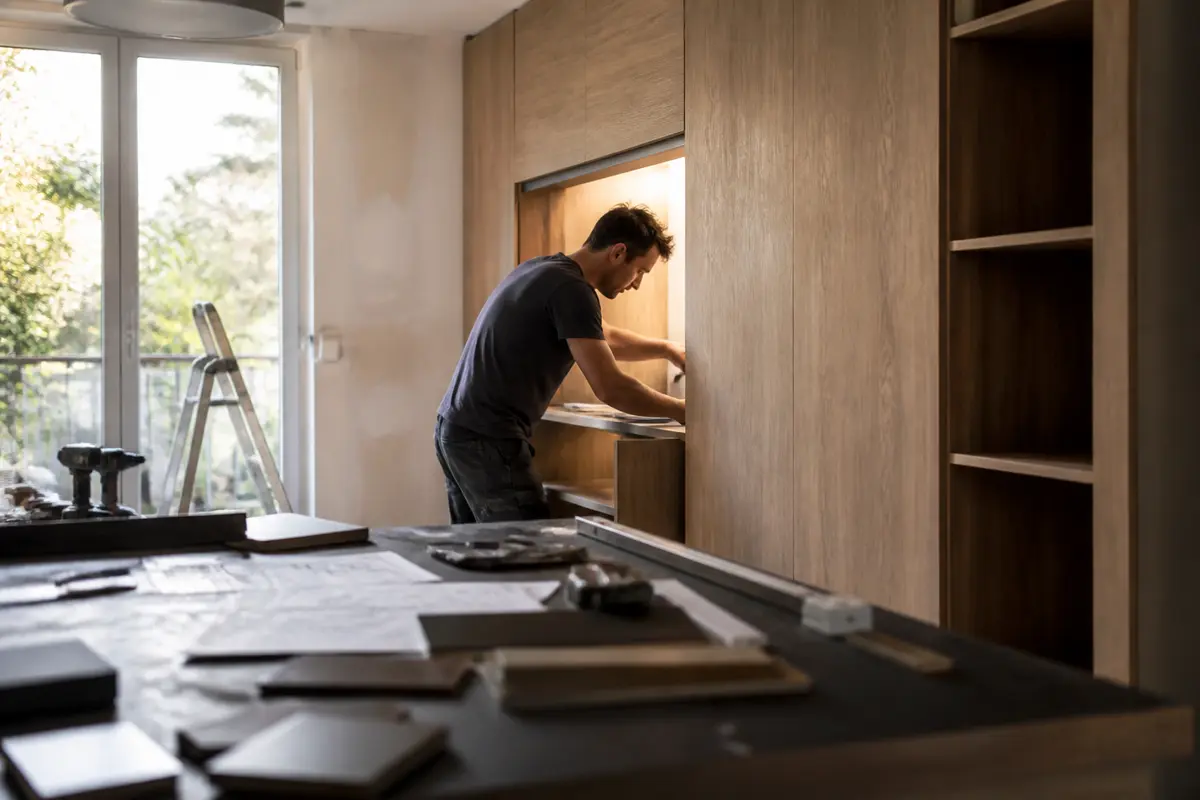 Un designer travaille sur un meuble sur mesure pour une agence d'architecture d'intérieur.