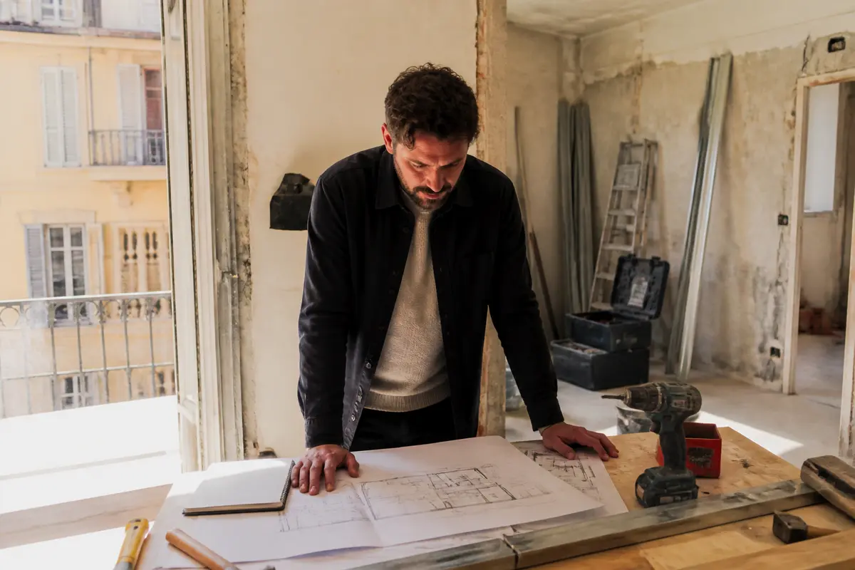 Architecte examinant des plans pour travaux maison ou appartement à Nice dans un espace rénové