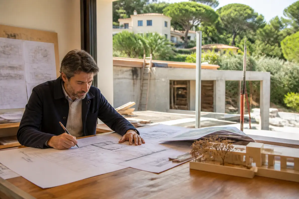 Architecte travaillant sur plan d'extension de maison à Nice avec vue extérieure verdoyante