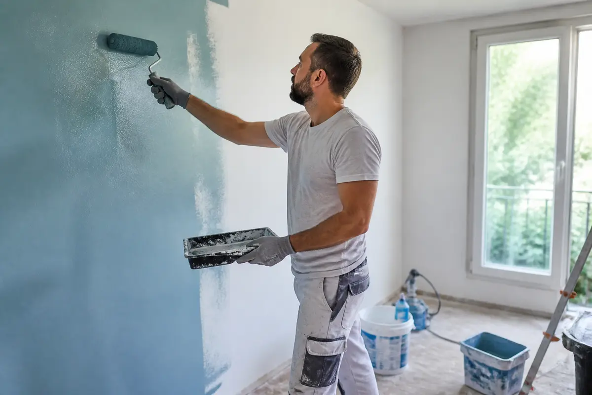 Homme peint une pièce en bleu, rénovation du bâtiment avec Bati Evol France