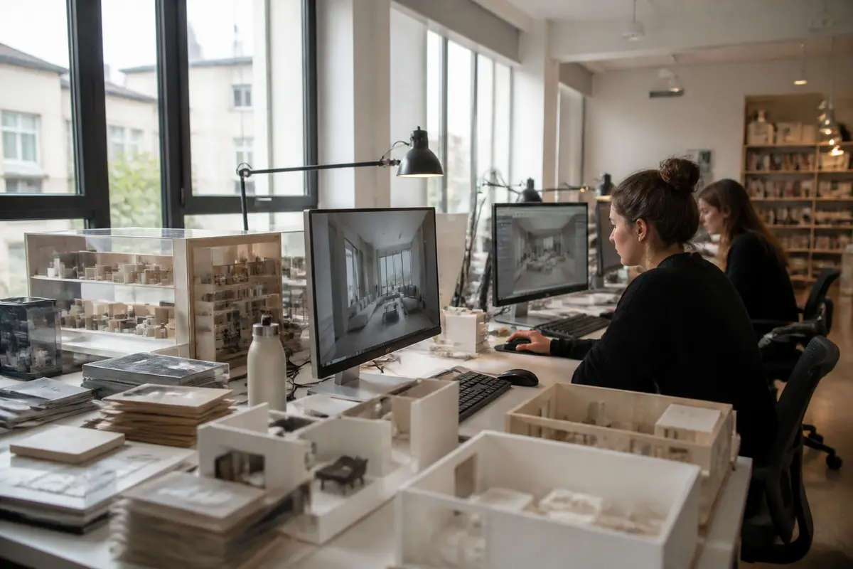 Personnes travaillant dans un cabinet d'architecte d'intérieur avec maquettes et écrans d'ordinateur