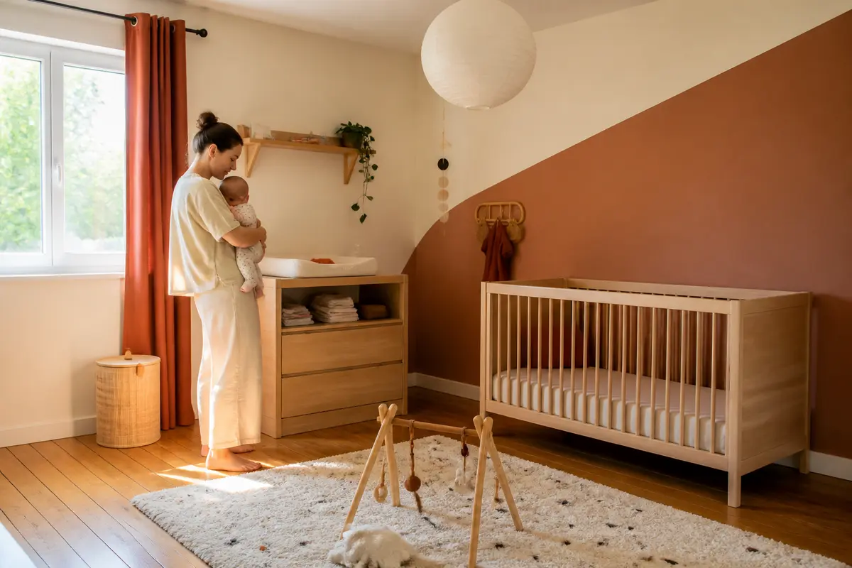 Mère portant bébé dans une chambre bébé inspirante à la décoration moderne et chaleureuse