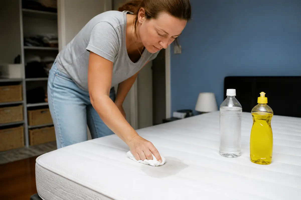 Femme nettoyant une tache sur matelas avec produits ménagers pour savoir comment nettoyer efficacement