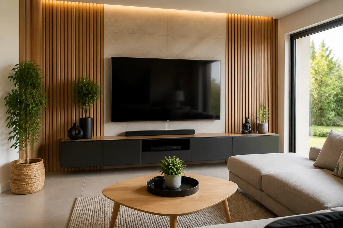 Salon moderne avec déco murale TV design, bois et plantes vertes élégantes