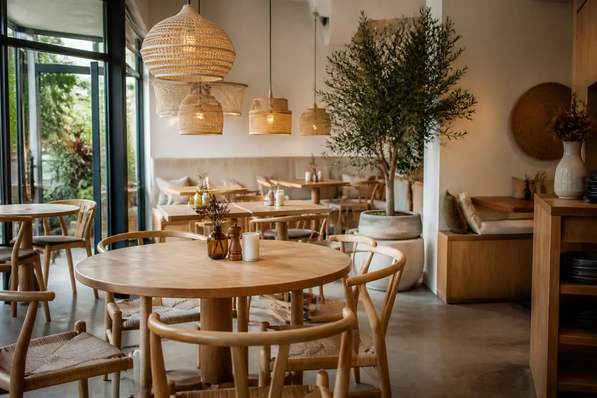 Salle de restaurant avec tables en bois, luminaires tressés, et élégante déco restaurant naturelle