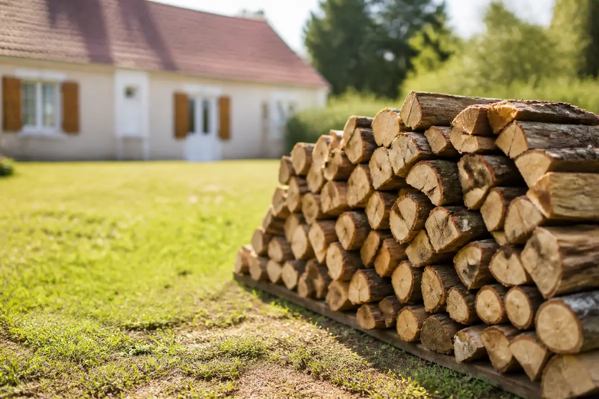 Pile de bois stockée à distance sécurisée d'une habitation sur pelouse verdoyante
