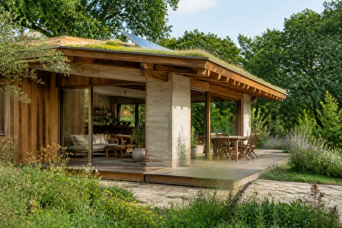 Maison avec toit végétalisé exemplifiant un habitat hybride moderne en pleine nature verdoyante