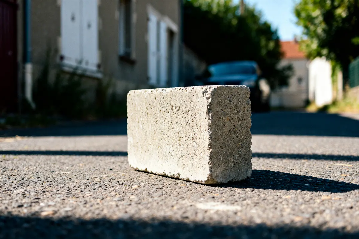 Parpaing sur route montrant la hauteur d'un parpaing avec maisons en arrière-plan