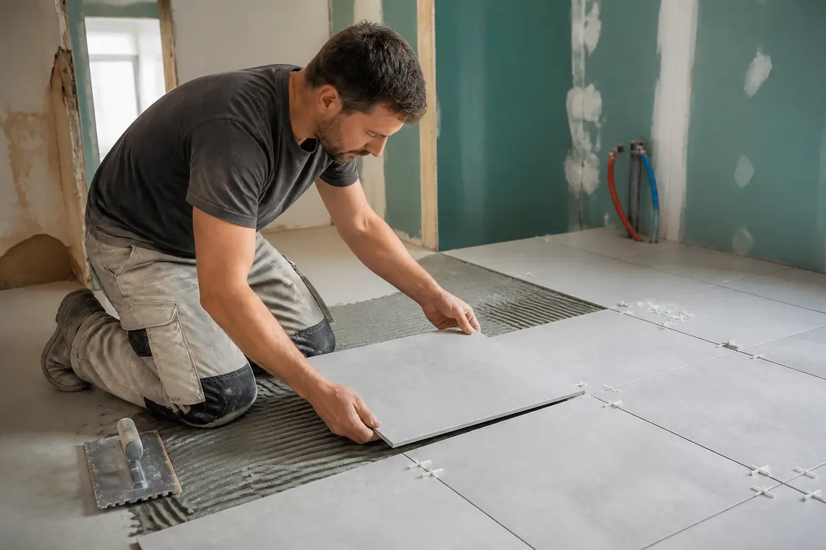 Artisan posant du carrelage gris au sol pour le magazine du bricoleur de carrelage