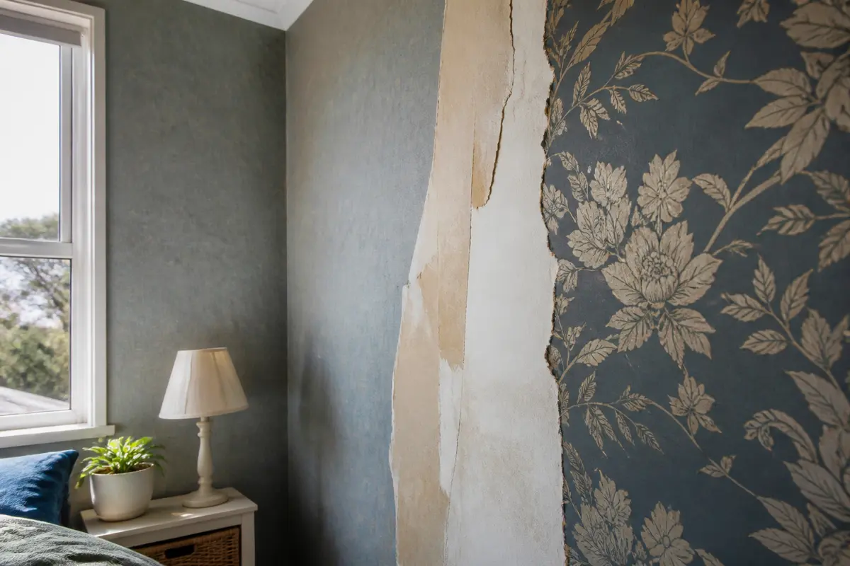 Chambre avec papier peint abîmé, motif floral, lepapierpeint.fr avis sur revêtements muraux