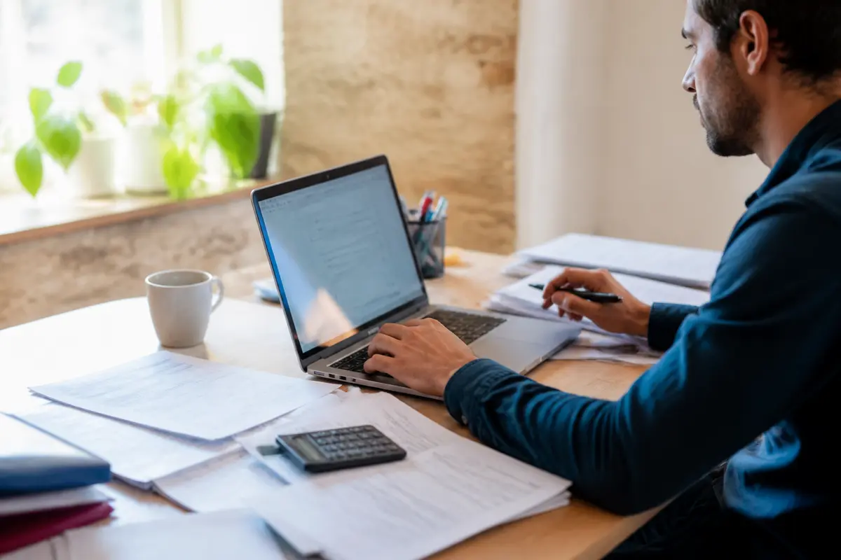 Homme travaillant sur ordinateur pour devis travaux ma gestion rénovation dans un bureau lumineux
