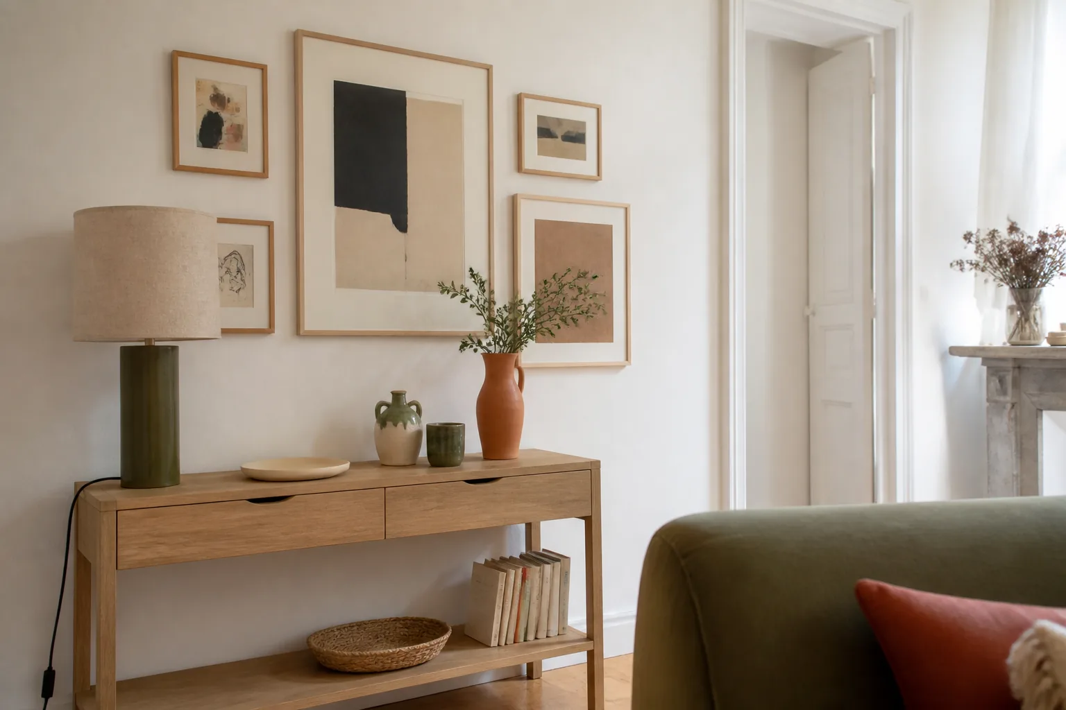 Mur de cadres au-dessus d'une console en bois clair et d'une lampe en céramique