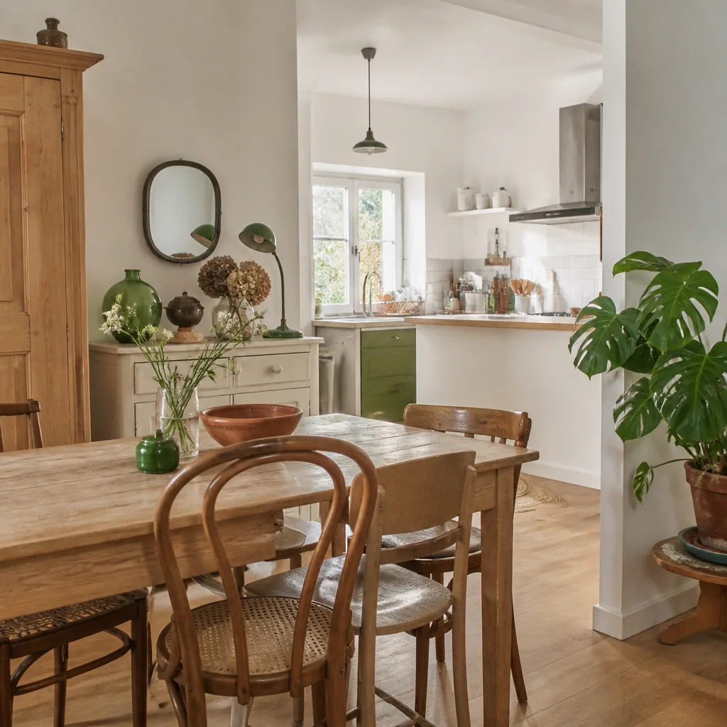 Coin repas avec table en bois massif ouvert sur la cuisine