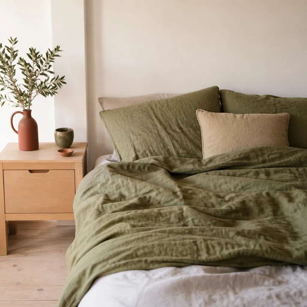 Chambre en tons crème et terracotta avec linge de lit en lin