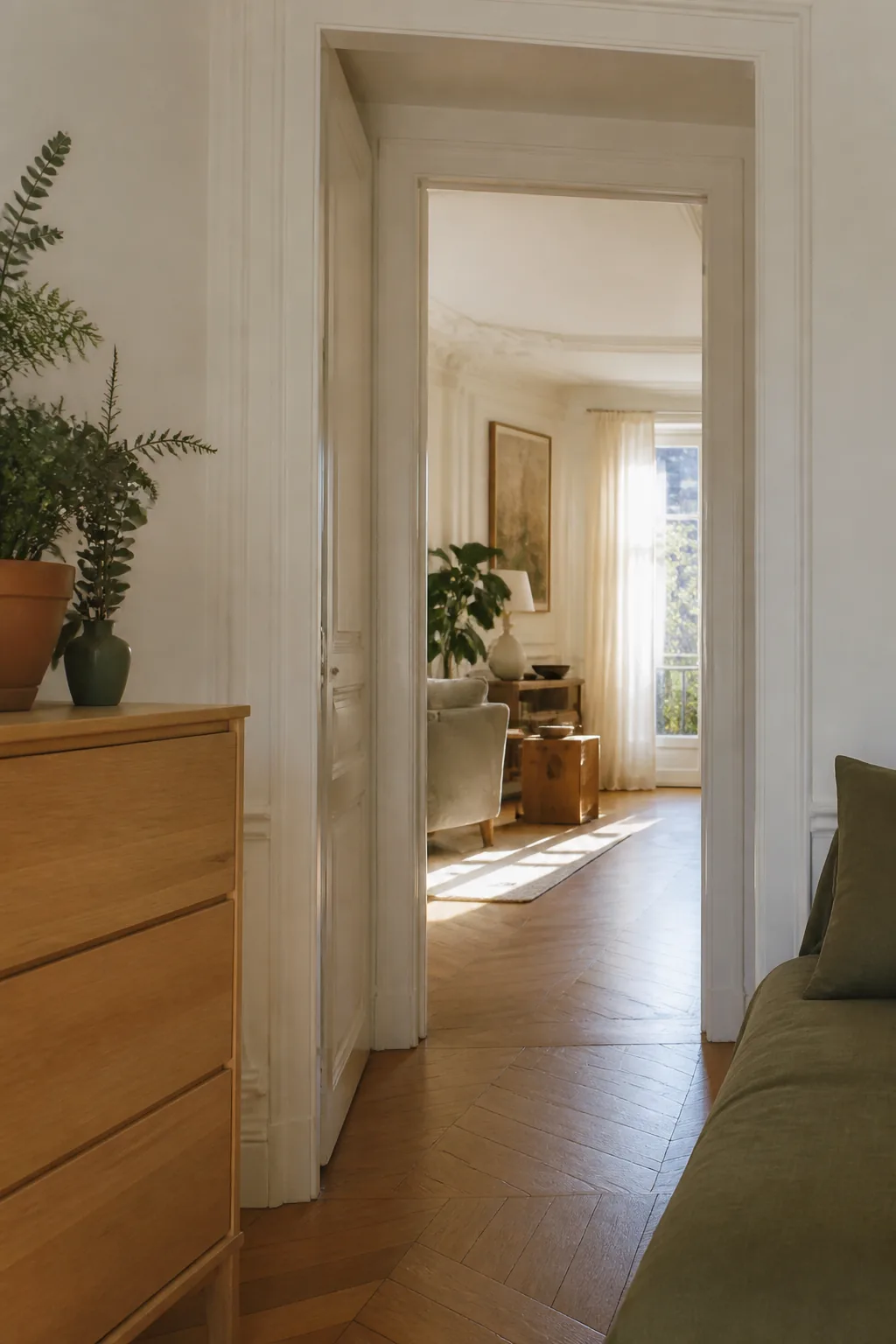 Enfilade de deux pièces vue depuis une porte, parquet à chevrons et moulures