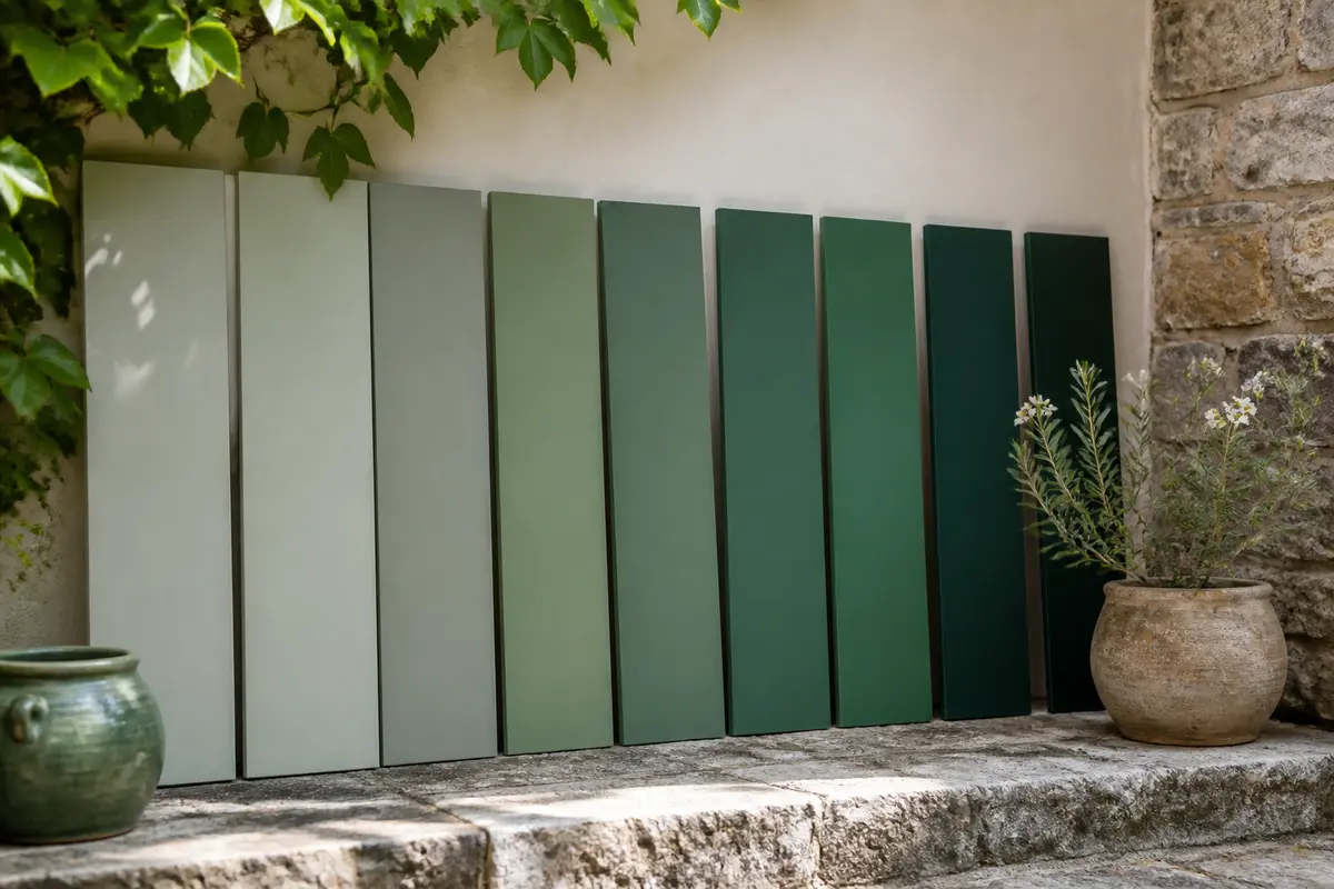 Panneaux alignés illustrant un nuancier de vert tendance sur fond de mur en pierre
