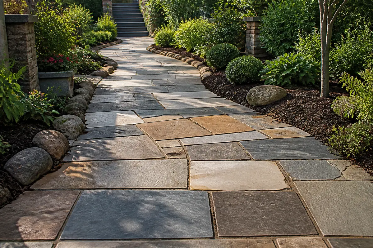 Allée de jardin avec des dalles en pierre type pas japonais Brico Depot entourée de verdure
