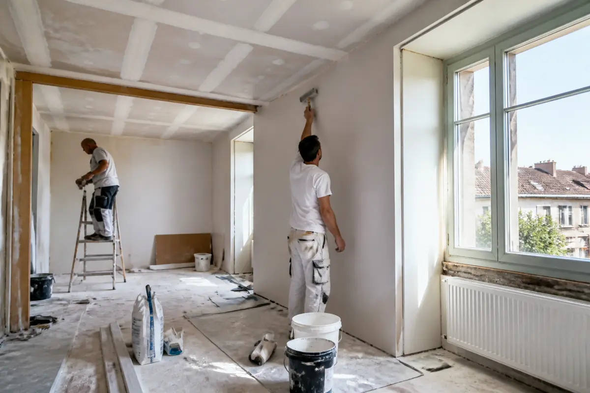 Travailleurs appliquant de l'enduit lors d'une rénovation intérieure de maison à Dole